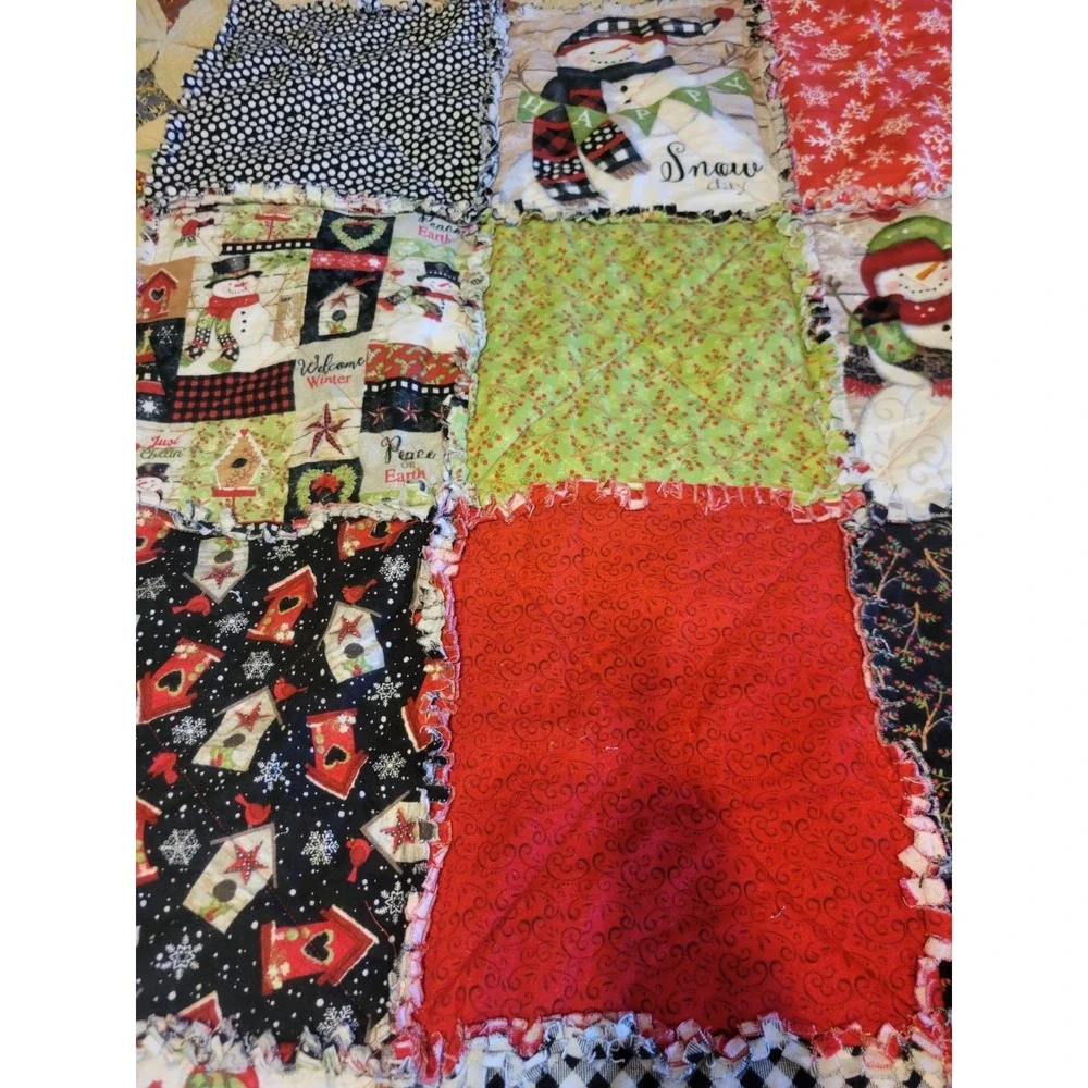Handmade Rag Quilt Throw Blanket Snowman Christmas Farmhouse Rustic Red Green